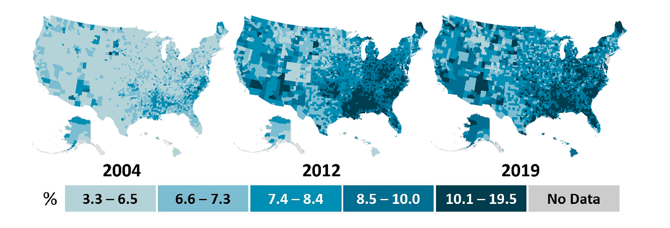 A map of the united states by county showing a massive increase in diabetes incidence over time.