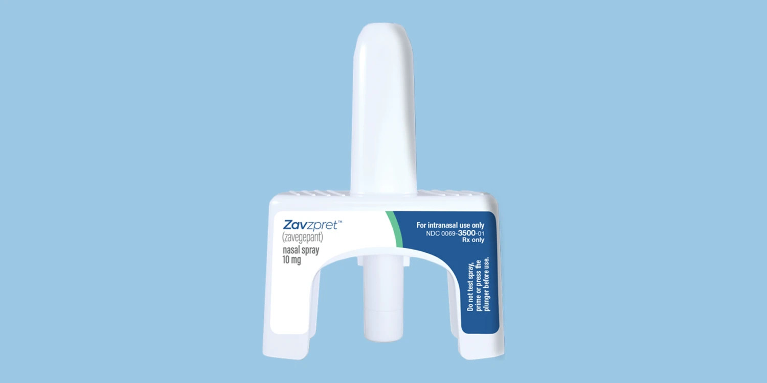 narcan-style nasal spray device labeled with the zavzpret logo